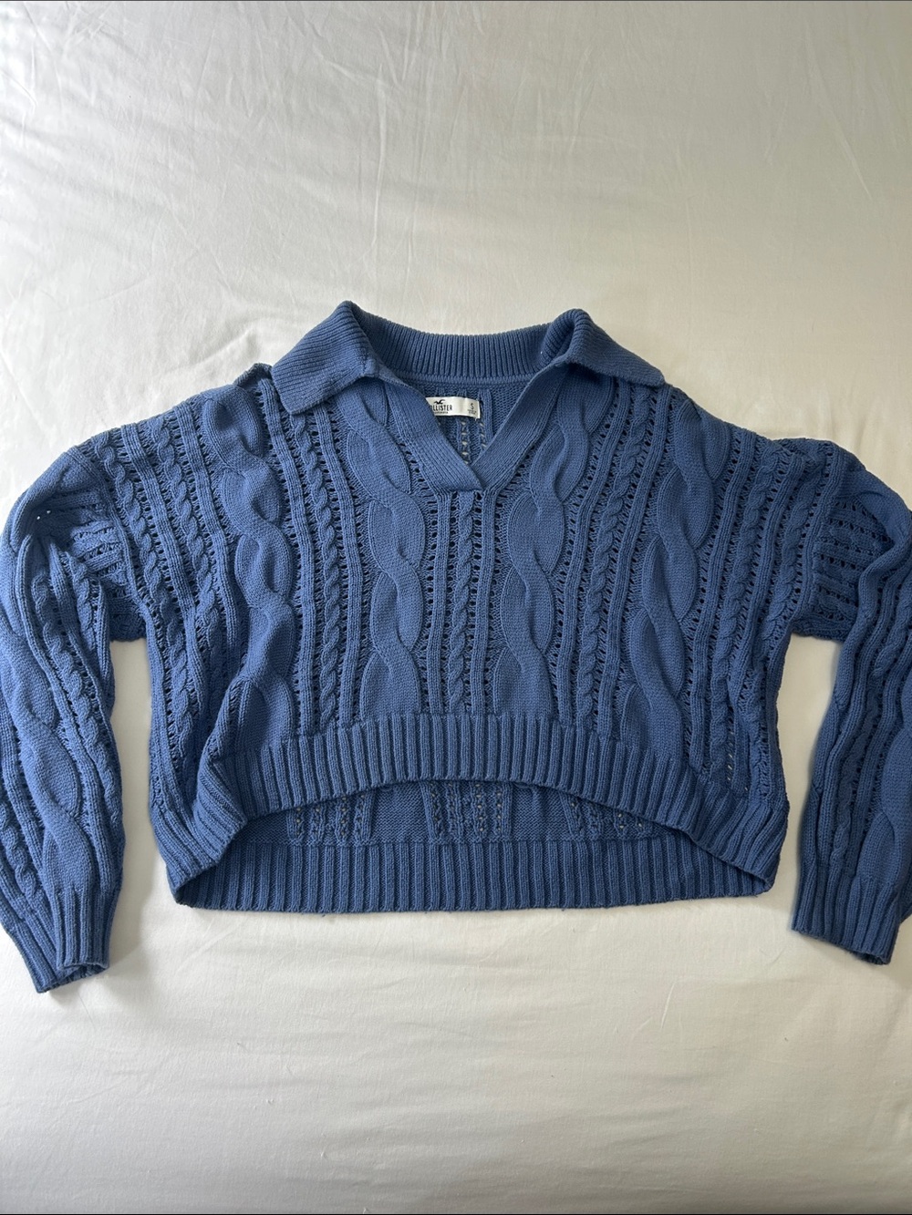 Hollister Blue Cropped Cable-Knit V-Neck Sweater